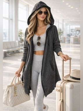 JUICY COUTURE BLACK METALLIC HOODED DRAPE OPEN FRONT CARDIGAN ATHLEISURE XL